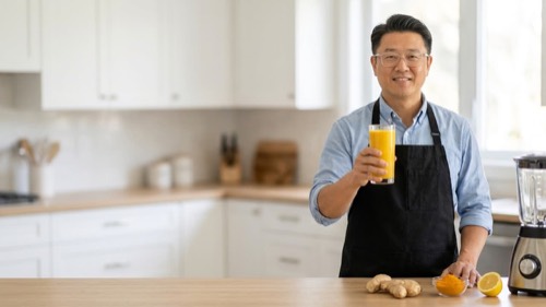 Preparación del licuado de jengibre y cúrcuma en la cocina